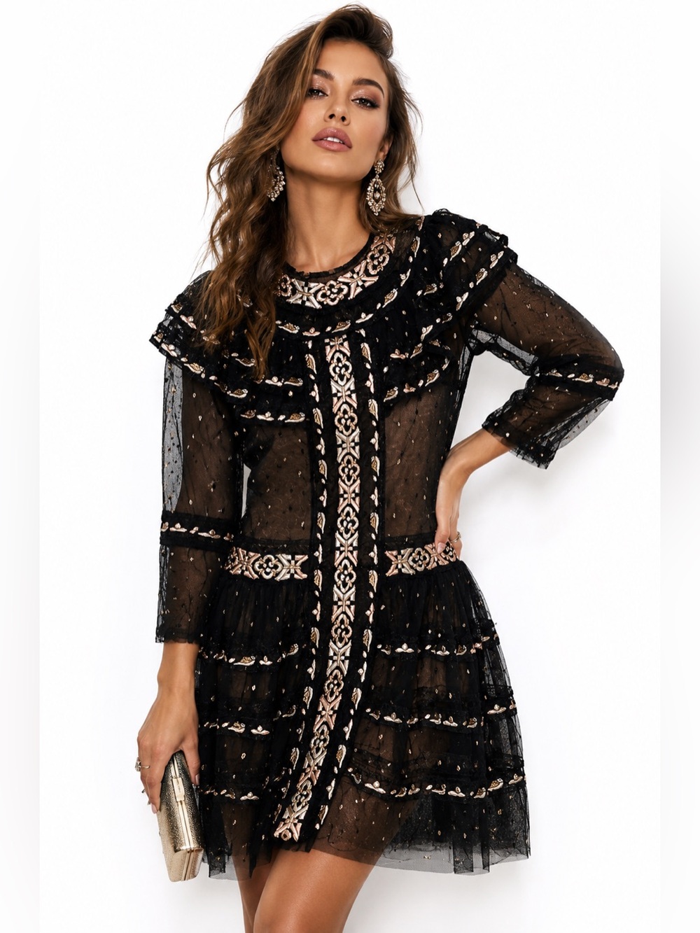 Sheer Ruffled Embroidered Polka Dot Mini Dress Tulle Romantic Feminine Glam Chic